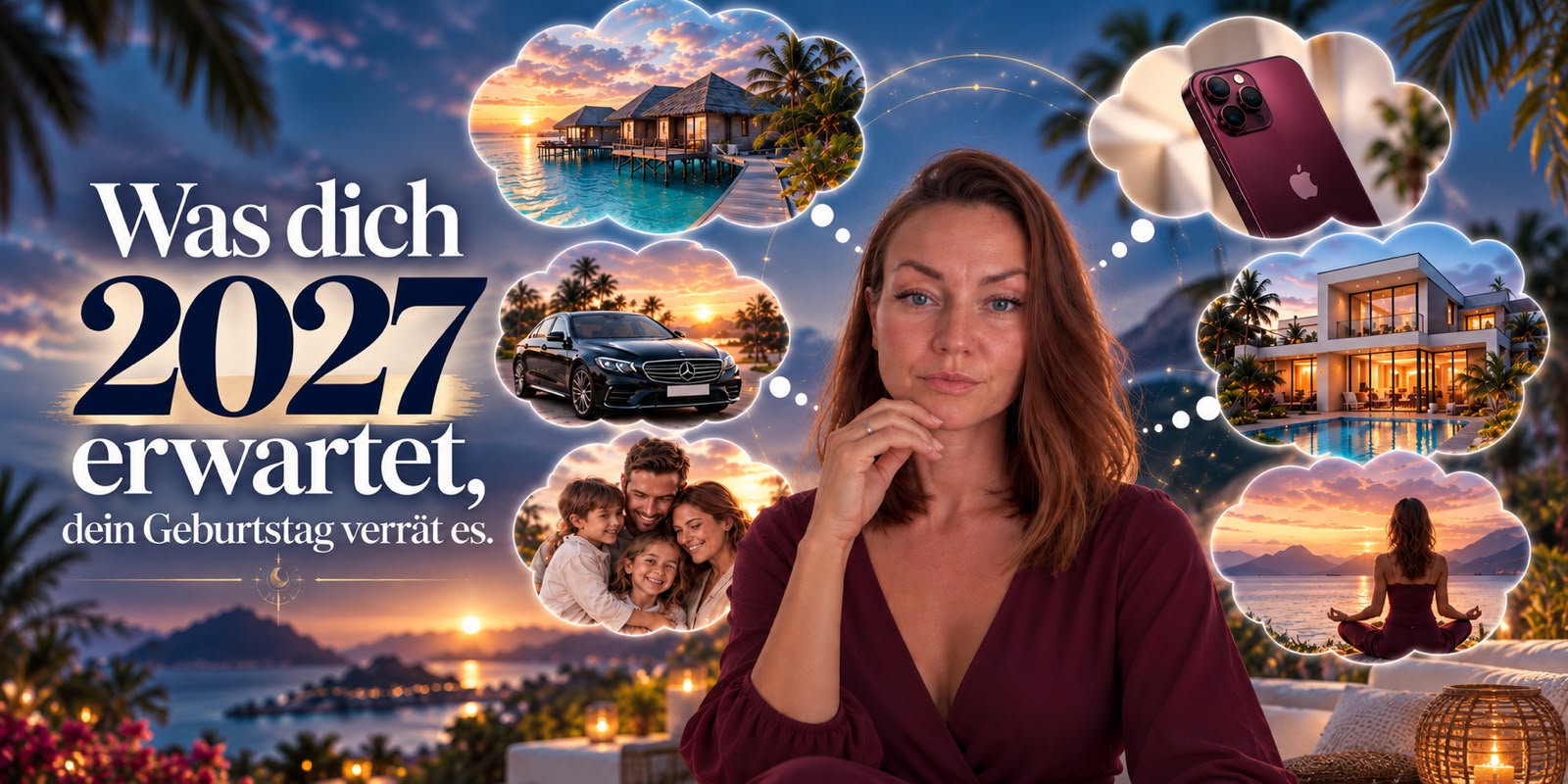 Anastasia vor einem Sonnenuntergang am Meer, umgeben von Gedankenblasen mit Reisen, Familie, Zuhause und innerer Ruhe. Schriftzug: Was dich 2027 erwartet, dein Geburtstag verrät es.